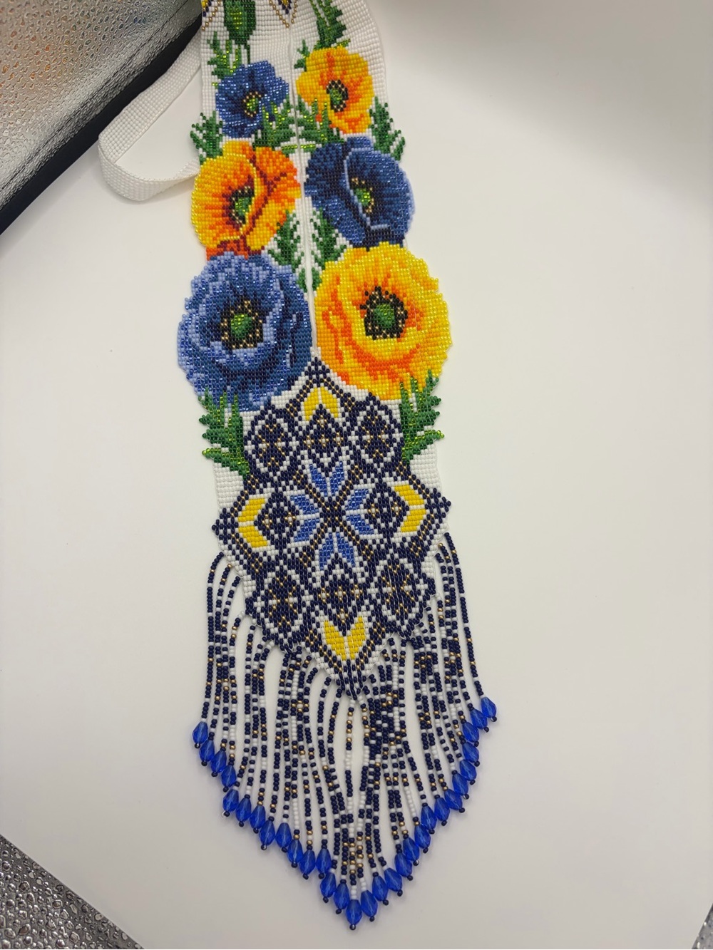 Handcrafted Beaded Floral Statement Necklace in Blue and Yellow